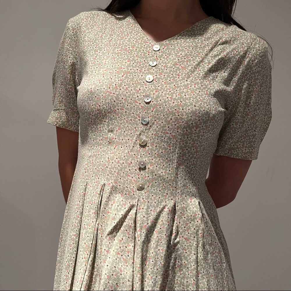 Pastel Green+Pink Floral Midi Dress